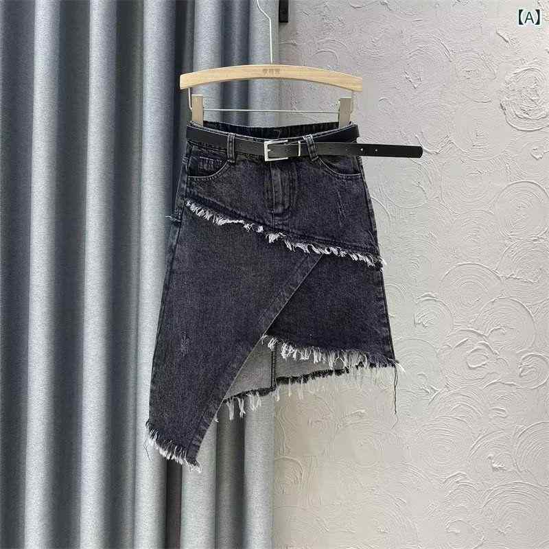 スカート 女性用 デニム ミディ丈 Aライン ハイウエスト ルーズ スリム 黒 コットン フレンジ 切り替え 不規則 秋冬 カジュアル レイヤード 日常使い 軽量 通勤