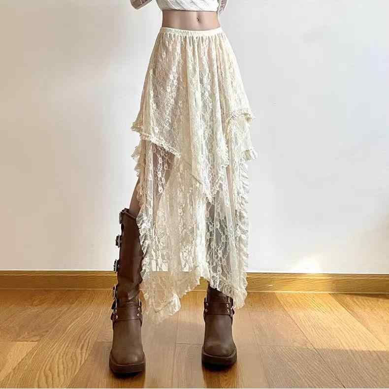 スカート 女性用 森ガール レース 半身スカート ポリエステル ミディアムレングス 不規則裾 デザイン 復古風 微弾性 軽量 伸縮性 春夏 普段使い かわいい 切り替え トップス ブラウス ワンピース コーディネート アイボリー グリーン系 カジュアルス