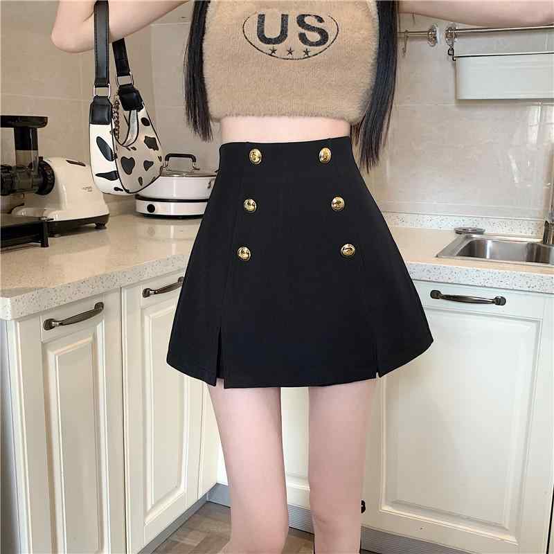 レディース 半身スカート 女性用 ダブルブレスト スーツ スカート 短め ハイウエスト タイトスカート スリム Aライン スカートパンツ ブラック 秋冬 通勤 気質 都市 スタイル ポリコットン 素材 微弾性 ステッチ 装飾 ジッパー ボタン 軽量 伸縮