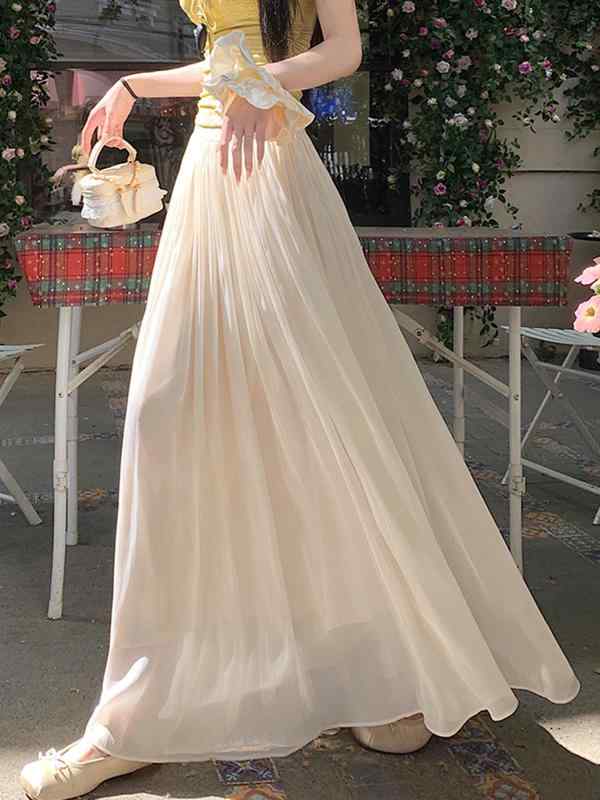 スカート 女性用 春夏 接触冷感 ハイウエスト 百褶 ロング 半身 スカート 垂感 軽量 中弾力 波浪 切り替え デザイン 純色 杏色 ブラック 紫色 ピンク 私服 スタイル かわいい シルエット 普段使い 通勤用