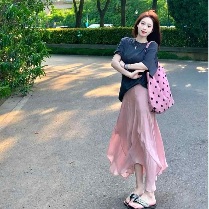 レディース 半身スカート 夏用 高腰 ピンク ブラック 切り替え Aライン 中長丈 スカート 女性用 かわいい 優しい スタイル ?? ポリエステル 伸縮性 軽量 吸湿速乾 私服 通勤 普段使い 部屋着 ハイウエスト ビッグシルエット 接触冷感 再生繊維