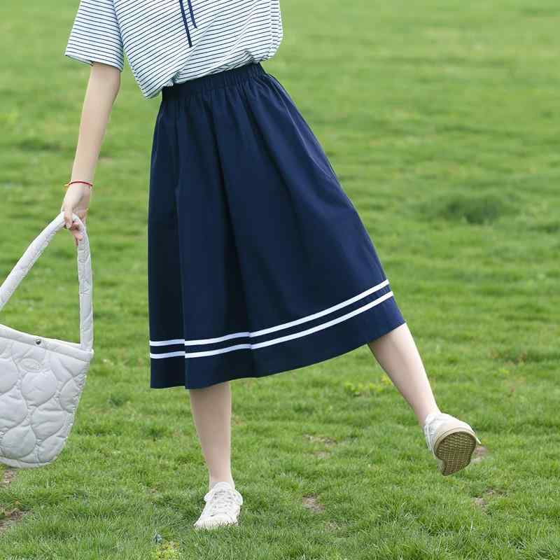 半身スカート 女子学生用 夏用 コットン 高腰 Aライン ロング丈 スリムシルエット マイクロストレッチ ネイビー 日韓カジュアル シンプルスタイル 純色 コットン95%以上 軽量 通学用 普段使い かわいい ハイウエスト ビッグシルエット