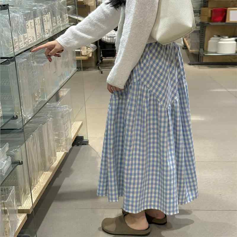 スカート レディース 半身スカート 春夏 ミディ丈 ハイウエスト Aライン ブルー ブラック 格子柄 チェック柄 綿ポリエステル 微弾性 切り替え ヒップカバー かわいい 復古風 日常使い 軽量 通勤