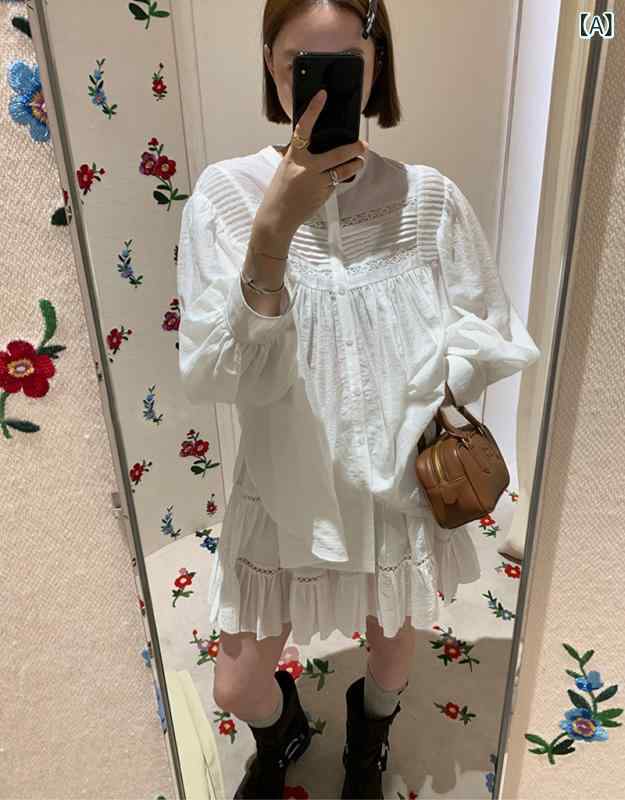 フレンチ レースの 通勤 シャツ 女性 秋の 白い ハスの 葉の 縁の しわの 半身の スカートの 傘の スカートの 小さい 子供の スーツ