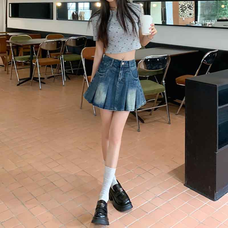 スカート 女性用 牛仔 半身スカート 春夏 短丈 Aライン ハイウエスト 百褶 フレア すっきりシルエット 綿素材 水洗加工 ストリートスタイル 快適 日常使い 軽量 ビンテージカラー かわいい 流行デザイン