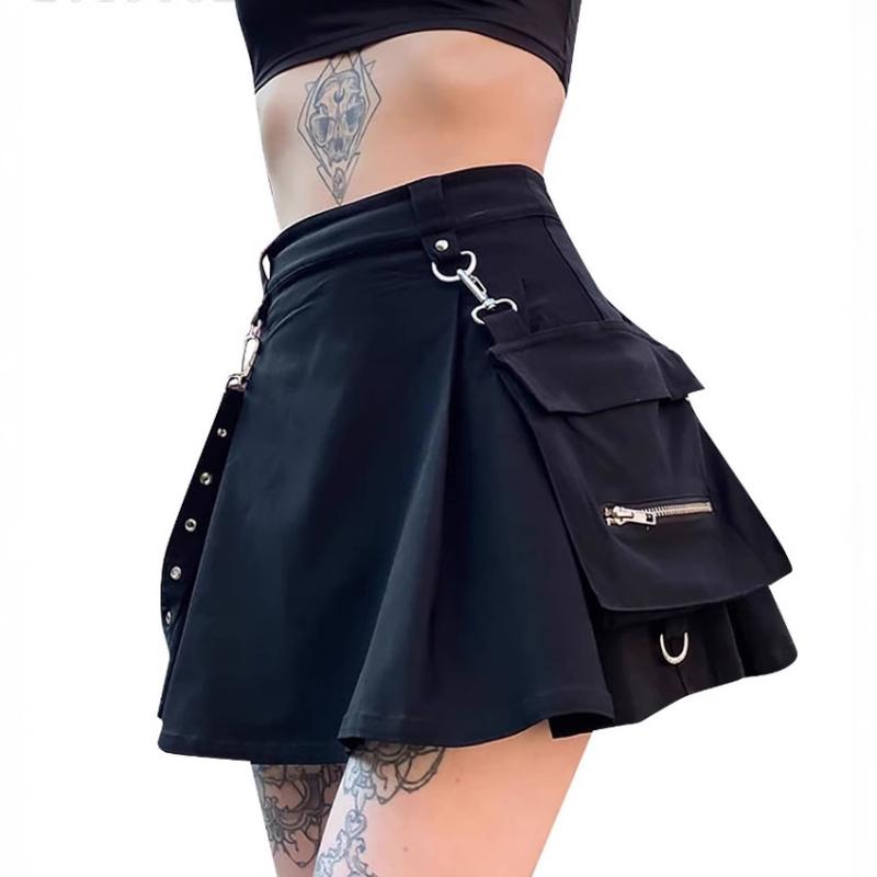 スカート 女性用 秋冬 百褶 黒 コットン ハイウエスト ミリタリー デザイン 半身 短丈 ストリート スタイル プンク風 不規則 ヘム ポケット 付き 無伸縮 快適 普段使い