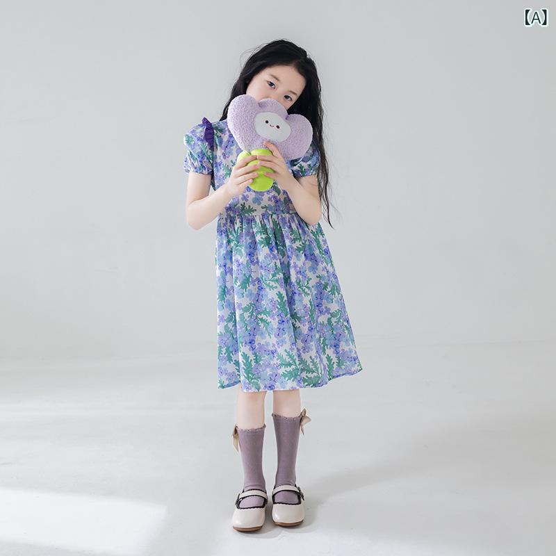 女の子の 夏の 新しい ハイエンド 子供 用 フレンチドレスパフスリーブ 菌 甘い 半袖 花 柄 スカート