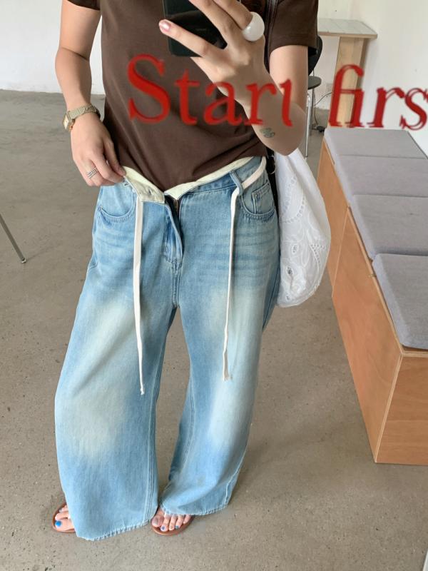 レディース 牛仔パンツ ハイウエスト ワイドレッグ デニム スカートパンツ 天竺 コットン 混 リヨセル 再生繊維 薄手 ライトブルー ゆったり ルーズ シルエット 砂洗い加工 夏 春夏 季節 快適 軽量 普段使い ゆったりスタイル カジュアル