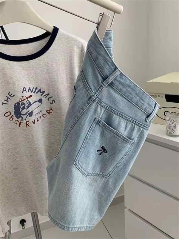 デニムパンツ レディース 夏 梨形身材 浅色 ストレート コットン ポリエステル 高腰 ワイドレッグ 七分丈 ゆったり スリム効果 薄手 ボタン 気質 通勤 快適 レジャー 基本 無弾性 ノンアイロン ブルー