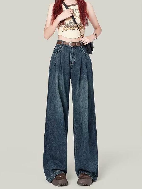 レディース ワイドレッグ デニムパンツ 春夏 高腰 綿 素材 直筒 ロング丈 ビッグシルエット ゆったり 気質 通勤 スタイル ボタン デザイン 無弾性 免? 加工 切り替え ディテール ホワイト カーメントグレイ カーキ ダークブルー ライトブルー 梨
