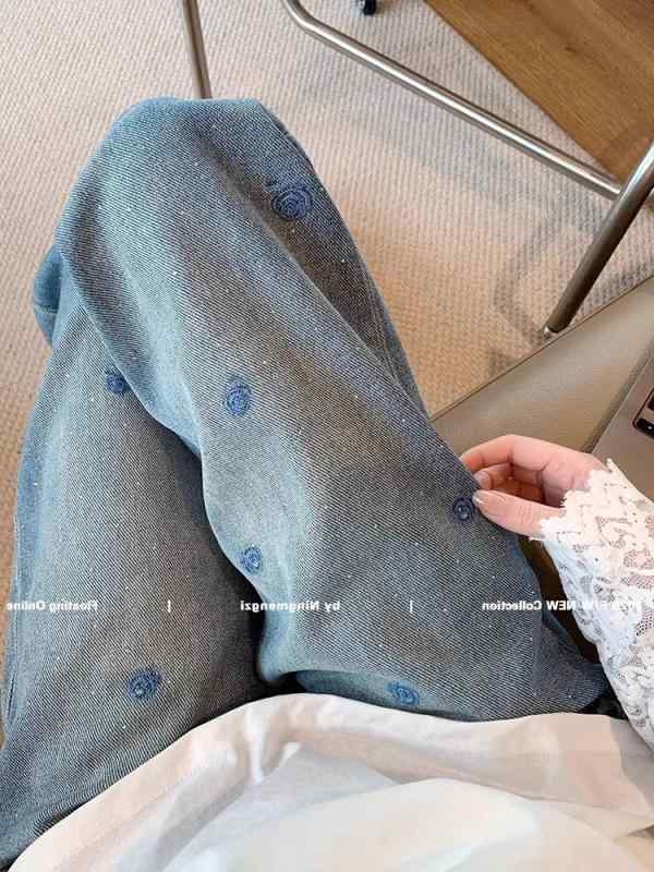 レディース 牛仔パンツ ワイドレッグパンツ 春夏 ワイドパンツ ハイウエスト 直筒 デニムパンツ 綿素材 微弾性 刺繍 ワッシング加工 ブルー 韓国風 カジュアル 日常使い 軽量 伸縮性 梨型ボディ スリム効果 ゆったりシルエット 日韓スタイル 長ズボン