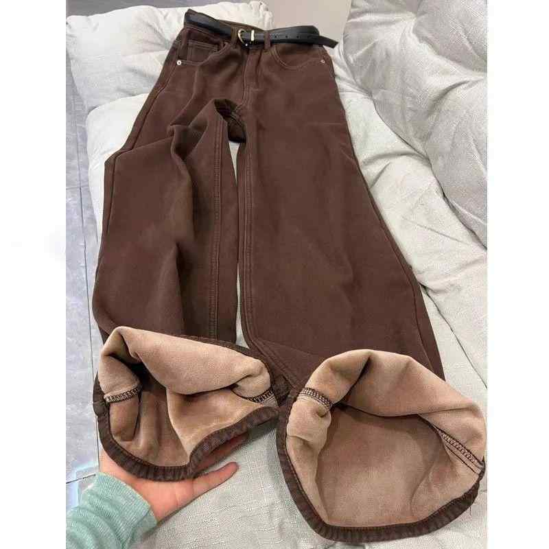 レディース 秋冬 牛仔パンツ 厚手 コットン 素材 ハイウエスト ワイドレッグ ストレート シルエット ゆったり ルーズフィット ブラウン カラーバリエーション ボタン ディテール ノンストレッチ 暖か 加絨 加工 コージー スタイル 日韓 カジュアル