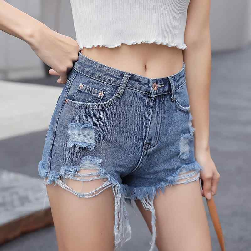 デニムショートパンツ レディース 夏用 高腰 破れデザイン フリンジ ワイドレッグ ビッグサイズ 修身シルエット デニム素材 綿混 伸縮なし 中厚 ディープブルー ライトブルー ヴィンテージブルー ミッドブルー 街頭スタイル 洗い加工 砂洗い仕上げ 個性