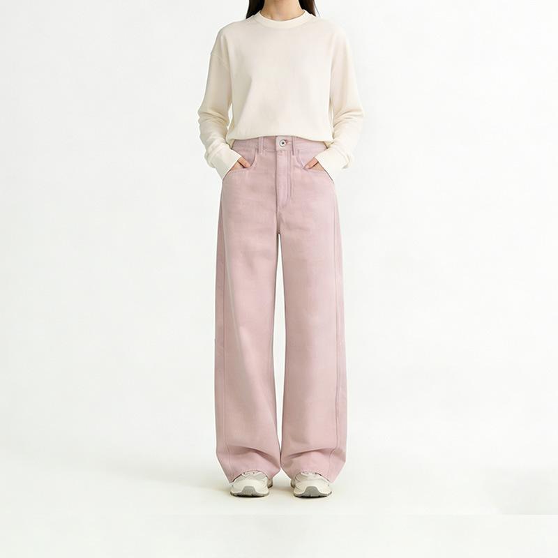 ワイドパンツ レディース デニム 春 ピンク グレー 高腰 ロング丈 ゆったり シルエット 脚長効果 垂れ感 ストレッチ コットン ポリエステル ミックス 気質 通勤 スタイル ビンテージ 加工 微弾力 基本 デザイン 女性用 普段使い 適応 体型 補正