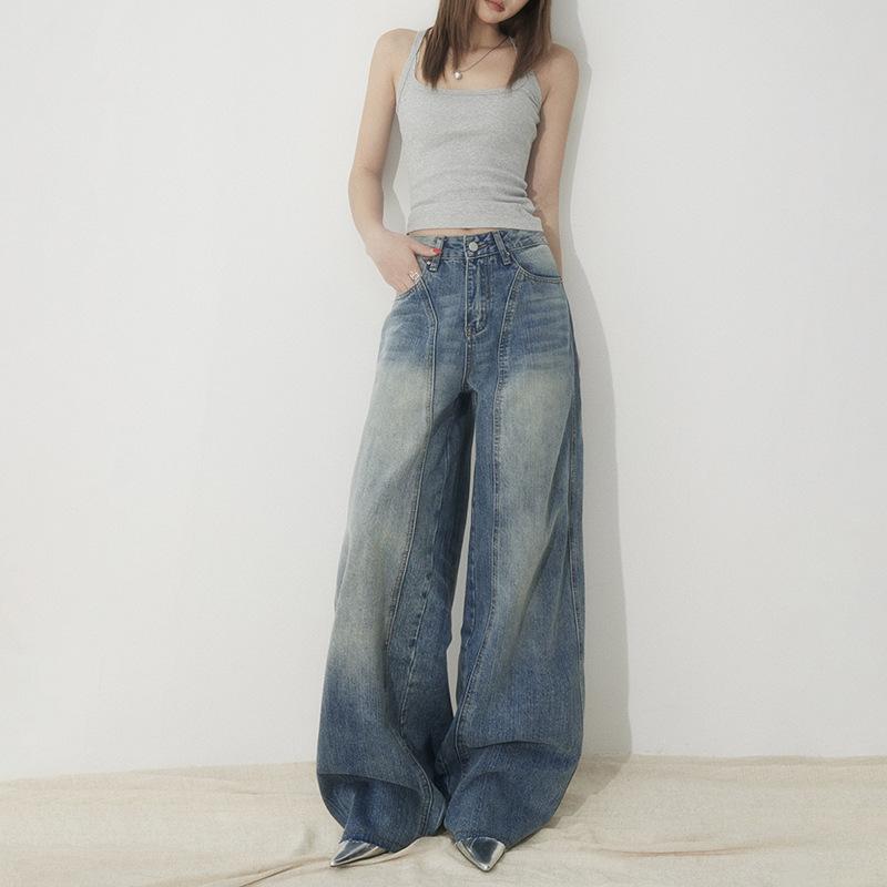 レディース 牛仔パンツ デニム 長ズボン 高腰 ワイドレッグ ゆったり ロング丈 ストレート ヴィンテージ ストリート 綿 ポリエステル ポケット 洗い加工 春夏 普段使い