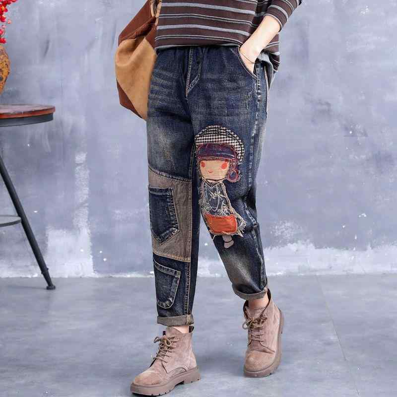 レディース デニムパンツ ワイドレッグ 秋冬 ハーレム ハイウエスト ゆったり ビッグサイズ コットン 刺繍 切り替え ヴィンテージ 加工 ゆったりフィット 伸縮性 吸湿速乾 軽量 日常使い カジュアル 復古風 ルーズシルエット 洗い加工 ロング丈