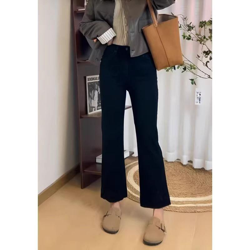 牛仔パンツ レディース ブラック 微喇型 九分丈 高腰 直筒 ミドルストレッチ 梨形身材 大きいサイズ 小柄対応 春秋 デニム素材 切り替えデザイン 洗い加工 免アイロン かわいいスタイル 普段使い 通勤用 軽量 伸縮性
