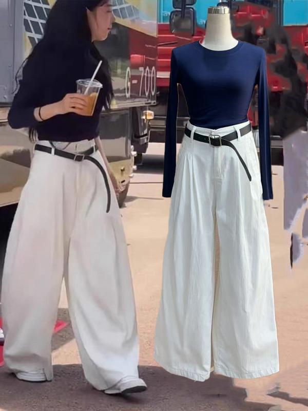 ワイドパンツ レディース 米白色 ハイウエスト ロング 春夏 秋 韓国スタイル ゆったり スリム効果 垂れ感 直筒 ポケット 切り替え 織物 通勤 普段使い 気質 都市風 軽量 無弾力