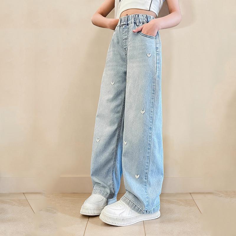 女児 牛仔パンツ キッズ 女の子用 直筒 レイヨン混 薄手 軽量 接触冷感 ハイウエスト 伸縮性 夏用 ライトブルー 潮流 百搭 普段使い 柔らかい素材 カジュアル