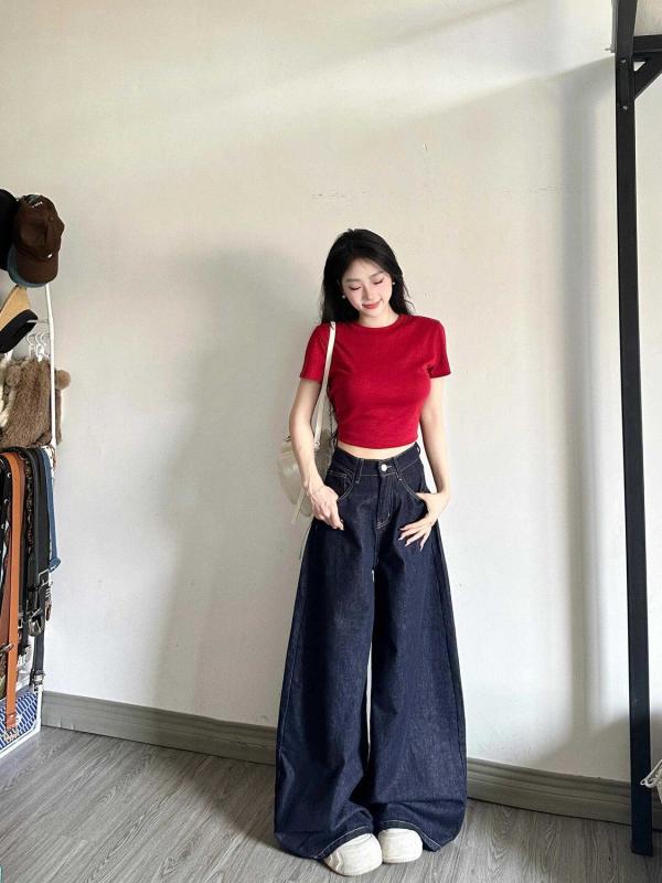 レディース デニムパンツ ハイウエスト ワイドレッグ ストレート ロング丈 夏用 深青 綿混 ポリエステル ストレッチなし 水洗加工 ゆったりシルエット 脚長効果 私服 御姐スタイル カジュアル 普段使い 通勤 通年対応