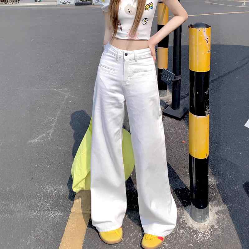 レディース ワイドレッグ デニムパンツ 春夏 ホワイト 高腰 スリムフィット ストレート ロング丈 薄手 綿混 スパンデックス ミディアム厚 ワイドシルエット リラックススタイル ライト加工 ゆったりカジュアル 日常使い 軽量 伸縮性 接触冷感 吸湿速乾