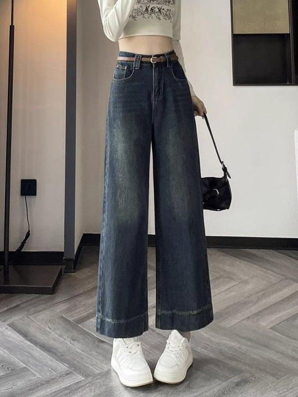 レディース デニムパンツ 牛仔パンツ 春夏 深ブルー 高腰 直筒 ワイドレッグ 九分丈 ゆったり スリムフィット コットン ポリエステル ミックス 微弾性 免?加工 ストリート スタイル 個性派 欧米風 基本デザイン セーター ミディアム 厚 ヴィンテー