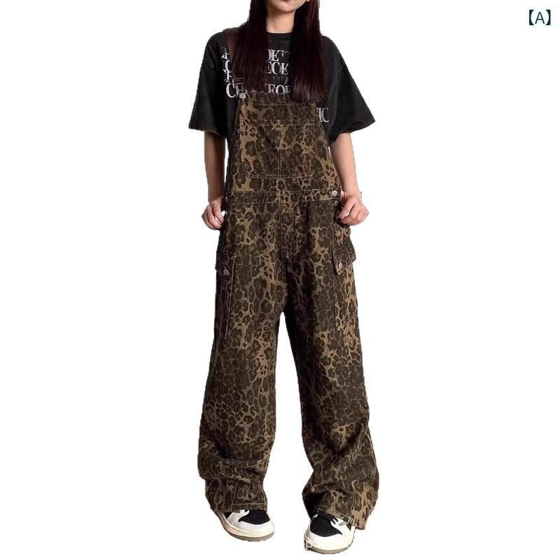 サロペット 女性用 デニム 背広パンツ ヒョウ柄 ショート丈 ルーズフィット スリム効果 カジュアル ワイドレッグ ワークウェア 春夏 高腰 長ズボン 中厚 ポリエステル 綿混 無弾性 快適 日韓スタイル 普段使い 軽量 切り替えデザイン