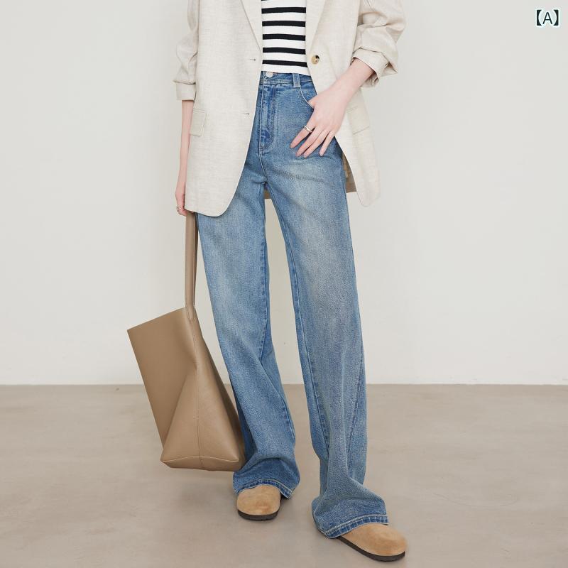 レディース 牛仔パンツ 春夏 ストレート ワイドレッグ 高腰 伸縮性 綿 デニム ライトブルー ホワイト ネイビー 復古風 砂洗い加工 ラフスタイル 日常使い 長パン ミッドライズ ハイレグ ビッグシルエット 軽量 接触冷感 6,869円