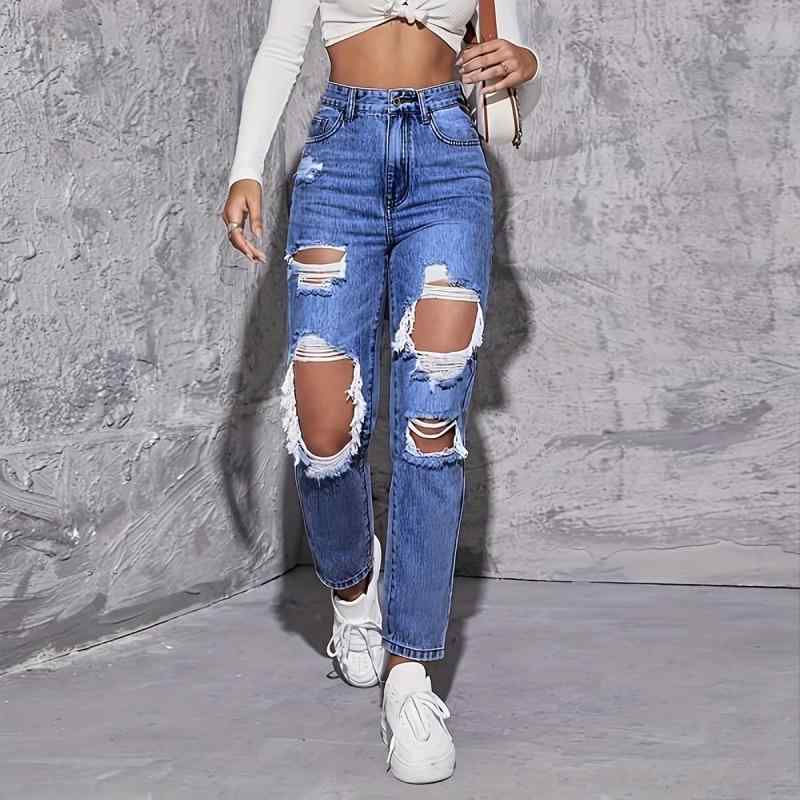 レディース デニムパンツ 牛仔布 高腰 直筒 ロング丈 破れ加工 ウォッシュ加工 復古風 欧米風 春夏 ライトブルー ダークブルー 伸縮なし 軽量 吸湿速乾 通勤 普段使い アウトドア カジュアル スタイル 再生繊維 ミックス