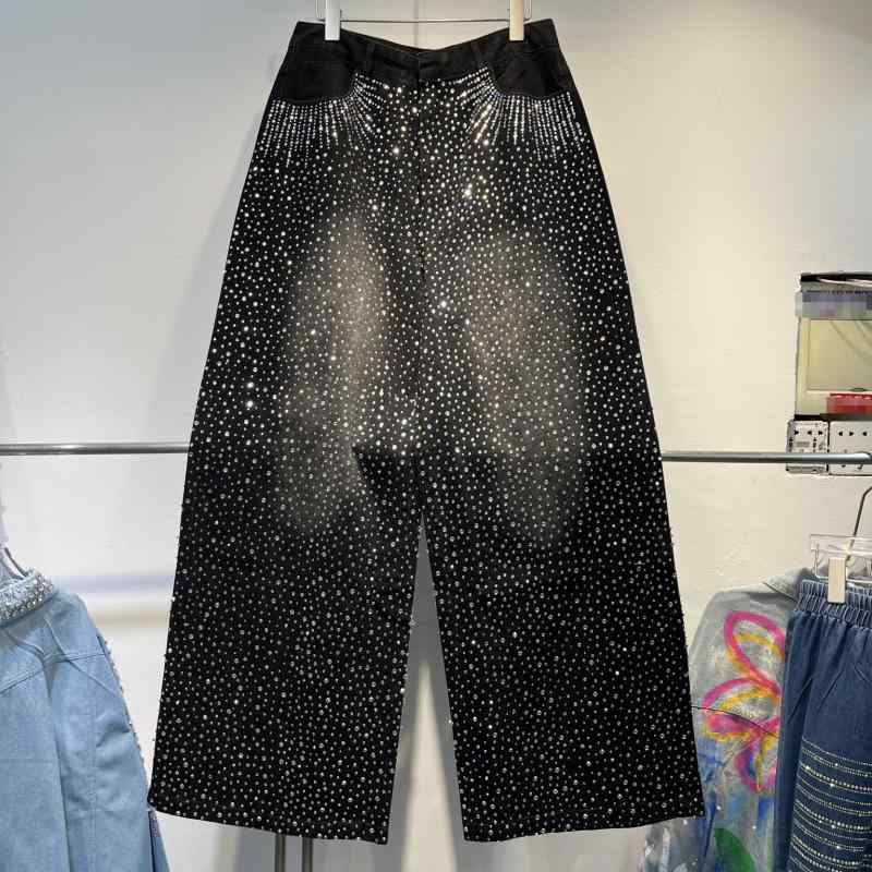 レディース 牛仔パンツ デニムパンツ ブラック ハイウエスト ワイドレッグ ストレート ロング丈 ゆったりシルエット スリム効果 コットン素材 伸縮性 街頭スタイル 秋冬 基本款 ストリートファッション 通勤普段使い 軽量 通年対応 切り替えデザイン ラ