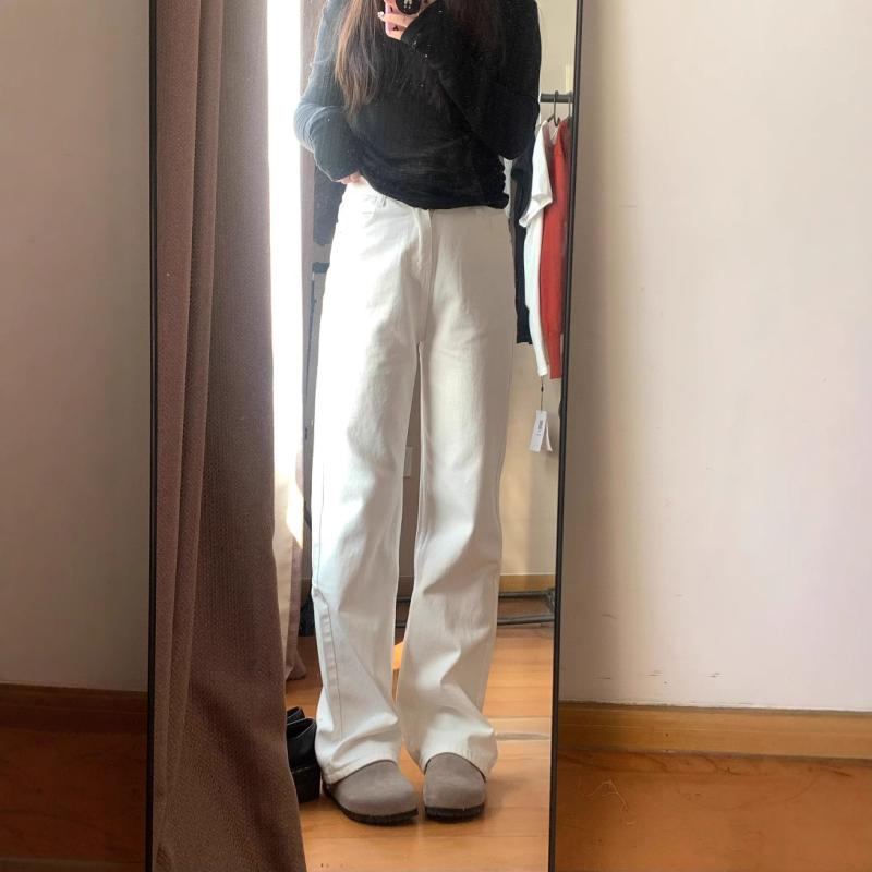 パンツ 女性用 白色 直筒 デニムパンツ 夏用 高腰 ワイドレッグ ロング丈 ゆったりシルエット 垂感 コットン ポリエステル 混紡 無弾性 中厚 ノンアイロン 加工 純色 シンプル デザイン 日韓 スタイル カジュアル 普段使い 軽やか 履き心地 足元 4,407円