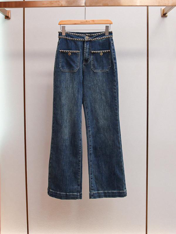 レディース デニムパンツ 秋冬 女性用 秋 冬 コットン ポリエステル 混紡 生地 気質 通勤 スタイル 高腰 直筒 ワイドレッグ シルエット デザイン チェーン 装飾 微弾力 伸縮性 切り替え 加工 基本 ロング 丈 ブルー カラーバリエーション ビジ