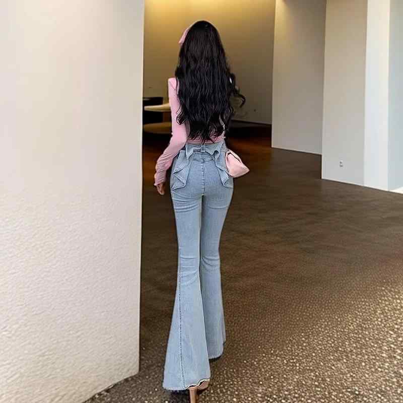 デニムパンツ 女性用 春夏 ハイウエスト スリム 切り替え フレア ロングパンツ 微弾性 接触冷感 ブルー ライトブルー コットン デニム ストレッチ 普段使い 通勤 軽量 吸湿速乾 ビンテージ加工
