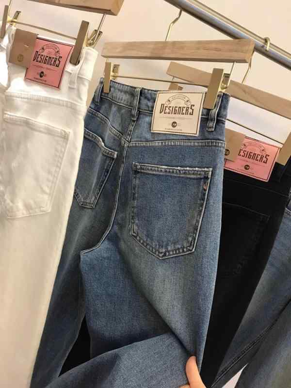 レディース 牛仔パンツ 高腰 直筒 ワイドシルエット スリム効果 綿混 ポリエステル 微弾性 長丈 基本スタイル 日韓カジュアル ボタン デザイン 白色 ブルー ブラック 梨型 ボディ 対応 免・聞加工 通勤 普段使い 軽量 快適 ストレッチ 春夏