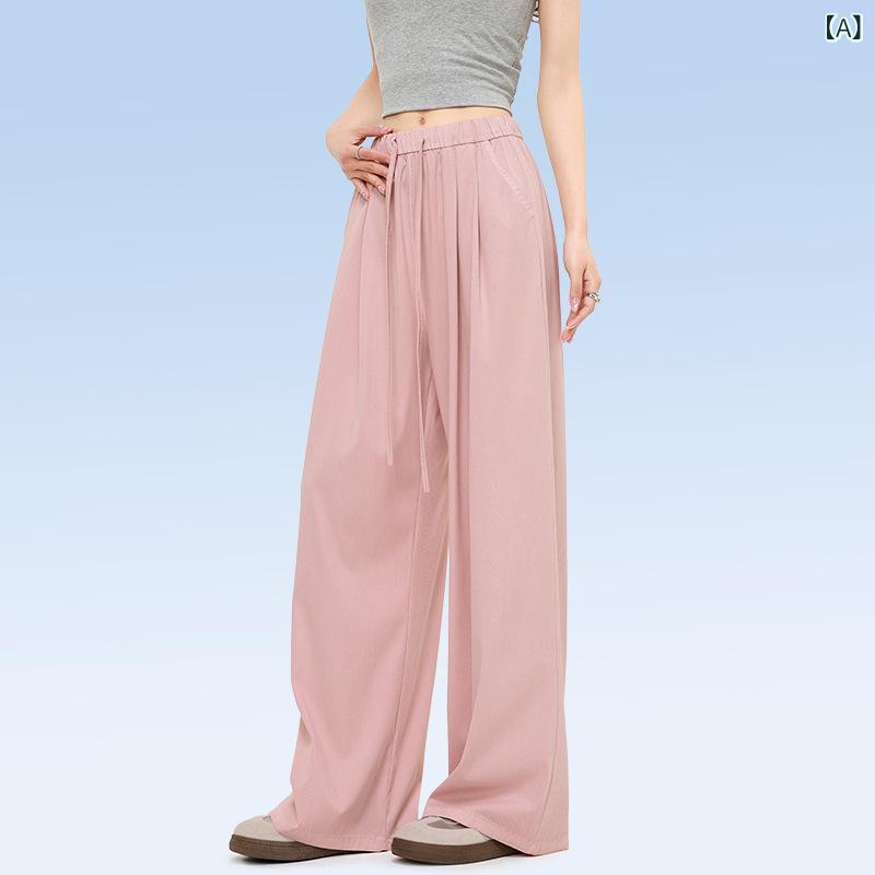 レディース デニムパンツ 春夏 高腰 ワイドレッグ ストレート ロングパンツ 薄手 無弾性 レイセル混 ポリエステル混 純色 淡ピンク ミントブルー ライトグレー ベージュ 日常使い カジュアル 軽量 通勤 普段着 日韓スタイル 切り替えデザイン イージ