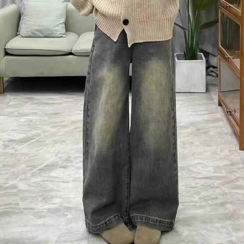 レディース 牛仔パンツ 直筒 デニム 秋冬 女性用 小柄向け 高腰 ワイドレッグ ロング丈 ゆったり ビンテージ風 加工 ストリート ファッション 綿素材 微弾性 快適 休閑 スタイル 復古色 ミッドウェイト 長パン 潮スタイル