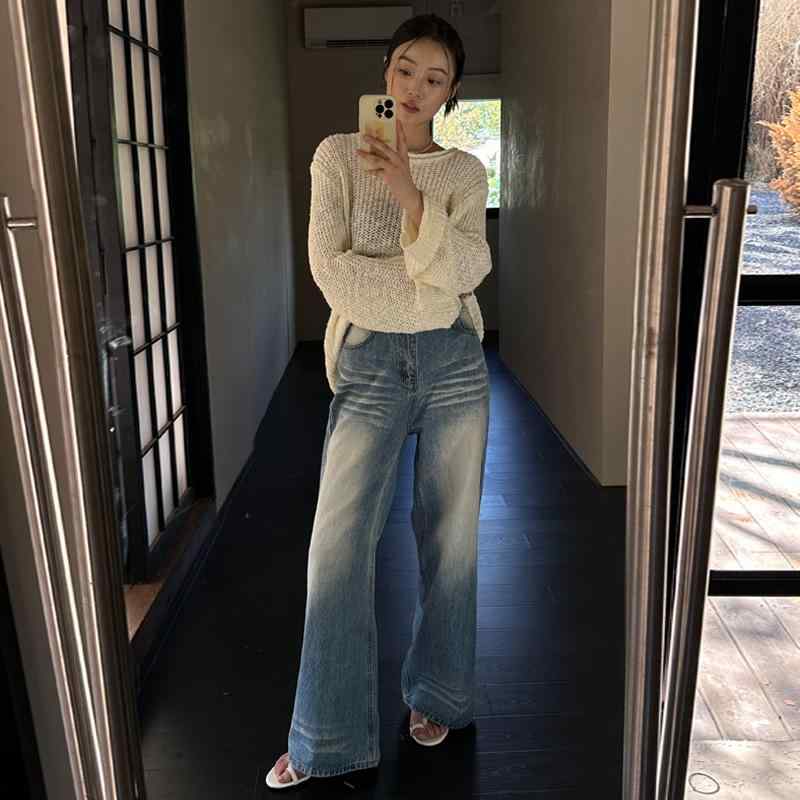 秋冬 女性用 デニムパンツ コットン 綿素材 直筒 ロング丈 ハイウエスト ワイドレッグ ゆったり スリム効果 ワイドシルエット ヴィンテージ加工 水洗仕上げ 折り目 クラシックスタイル ストリートファッション 潮風 普段使い 伸縮性 吸湿速乾 軽量 ブ