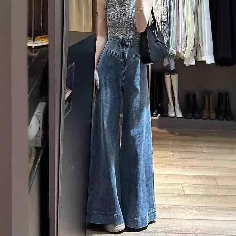 レディース 牛仔パンツ ハイウエスト ワイドレッグ ロング ゆったり スリム効果 落ち感 秋冬 ビンテージブルー デニム 綿 アウトドア 普段使い 伸縮性 軽量 クラシック ストリート 切り替え 多ポケット ボタン ジッパー 洗い加工 微弾力 直筒 御姐