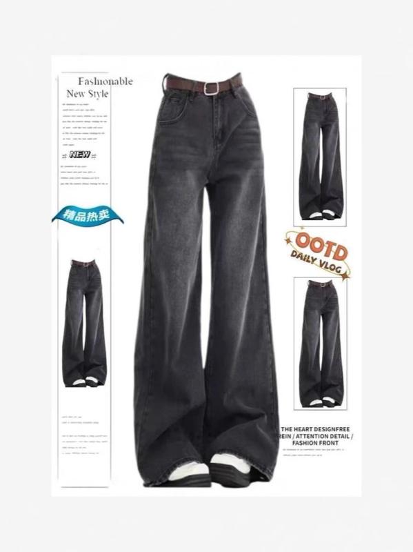 レディース ジーンズ 黒灰色 ワイドパンツ 春夏 ハイウエスト ストレートパンツ コットン 素材 クラシック ビンテージ ウォッシュ加工 ゆったり シルエット ロング丈 ドロップ 裾 軽量 伸縮性 なし 芸術的 スタイル 日常使い 通勤用 アウトドア 対