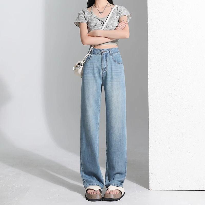 パンツ 女性用 デニムパンツ 直筒パンツ 高腰 ワイドレッグパンツ ロングパンツ ライトブルー ロング丈 ゆったり スリム効果 やり旧加工 再生繊維 中弾力 免アイロン 甘めスタイル 清新カジュアル 春秋 普段使い 伸縮性 通勤対応 部屋着対応