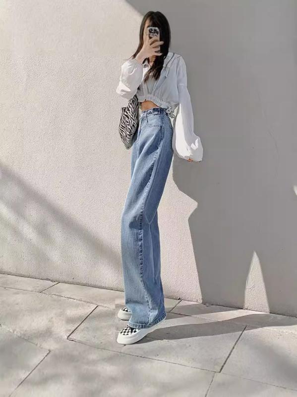 デニムパンツ レディース ハイウエスト ワイドレッグ ストレート ロング丈 垂感 デニム素材 ポリエステル混 無弾性 シンプル 秋冬 日韓カジュアル ライトブルー ヴィンテージブルー ブラックグレー 脚長効果 スリム効果 通勤 普段使い 快適 軽量 長め