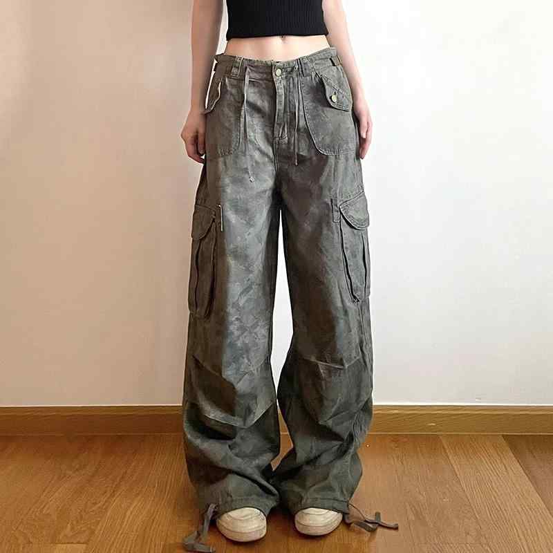 レディース デニムパンツ 直筒型 ハイウエスト ミリタリー迷彩 ヴィンテージ加工 コットン素材 ストリートスタイル ルーズフィット ロング丈 トレンドカジュアル 普段使い 通勤対応 軽量 夏向け 切り替えデザイン ヒップホップ風 ハラジュクファッション
