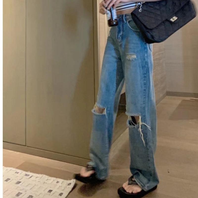 レディース デニムパンツ 夏 牛仔布 高腰 直筒 ワイドレッグ 破れ ディテール ロング丈 垂れ感 スリム効果 軽量 快適 吸湿速乾 復古ブルー カジュアル 普段使い アウトドア