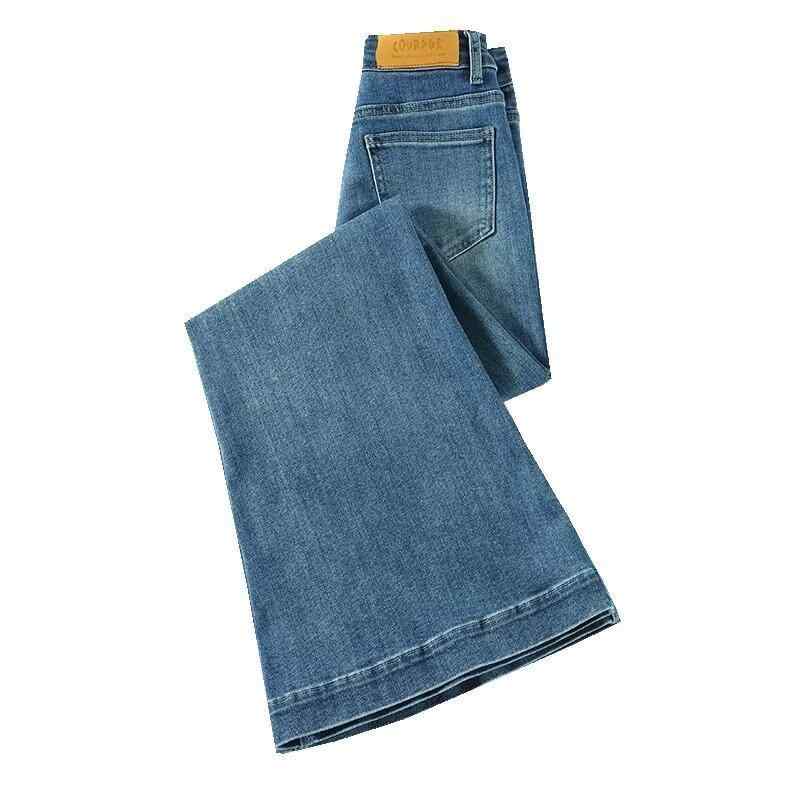 ワイドパンツ 女性用 デニム 春夏 ハイウエスト ミディ丈 フレア ストレッチ コットン 混 綿素材 梨型体型 ロング丈 スリムライン 通勤スタイル 気質 弾力性 中厚 免燻加工 復古ブルー カジュアル