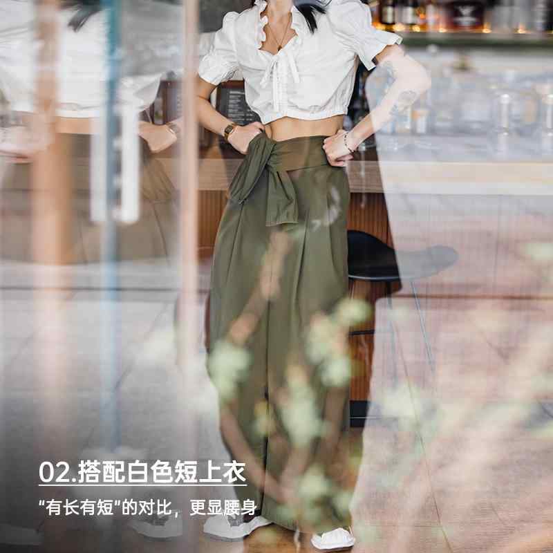 レディース ワイドパンツ 綿素材 高腰 ストレート ゆったり ロング丈 ミリタリーグリーン 通勤 普段使い 軽量 落ち感 スリム効果 夏 接触冷感 吸湿速乾 気質スタイル