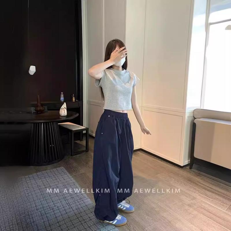 レディース 工装パンツ 春夏 薄手 ポリエステル ポリエステル素材 ゆったりワイドレッグ ロング丈 ドローストリング ウエストゴム デザイン プリーツ加工 ゆったりシルエット アメリカンスタイル ポケット 韓国風 カジュアル デイリーウェア ナイトカラー