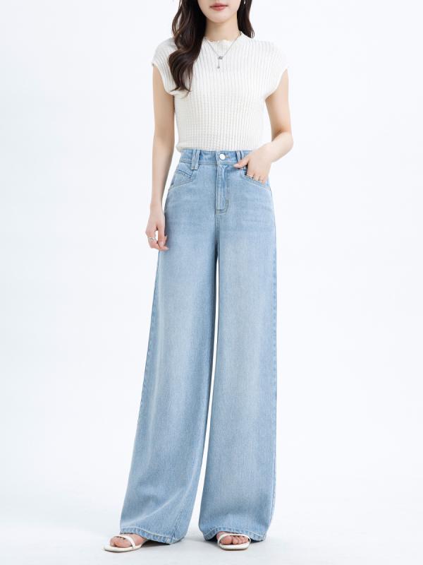 レディース デニムパンツ ワイドレッグ ハイウエスト ロング丈 ライトブルー 薄手 天竺 レイヨン混 ポリエステル混 ゆったりシルエット 脚長効果 日韓カジュアル 春夏 快適 軽量 洗い加工 スタイリッシュ 日常使い 通勤対応 ストレッチなし ゆったりフ