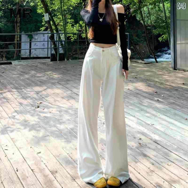 レディース デニムパンツ 高腰 ストレート ワイドレッグ ロング丈 白色 春夏 ミディアム厚 微弾性 通勤用 気質 都市スタイル 切り替え デザイン 軽量 綿混 ポリエステル 再生繊維 普段使い かわいい シンプル ハイウエスト ゆったりシルエット 吸湿