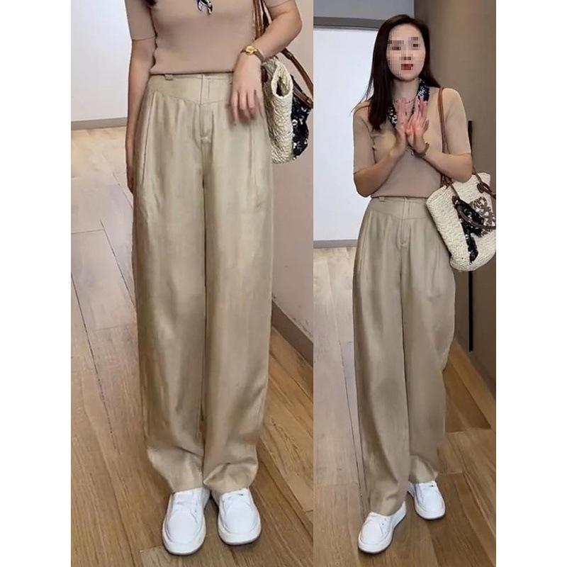 レディース ワイドパンツ 夏用 薄手 麻素材 綿混 接触冷感 ハイウエスト ストレート シルエット 軽量 伸縮性 吸湿速乾 ポケット付き 切り替えデザイン 明るいパーツ 白色 麻色 ゆったり 普段使い 通勤 私服 御姐スタイル カジュアル 女性用 ロング
