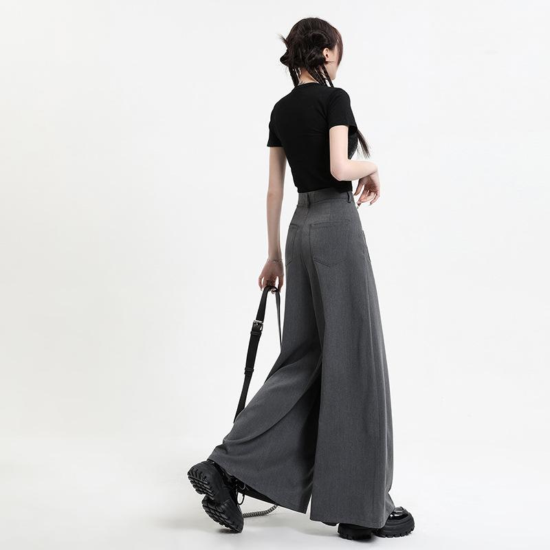 レディース 秋冬 スカートパンツ グレー ブラック ハイウエスト ワイドレッグパンツ 長丈 垂感 ポリエステル 混紡 レイヨン 混紡 中厚 プリーツ 無弾性 ゆったり シルエット 快適 日常使い 膝下丈 ゆったり フィット ストレッチ なし 涼しい 履き